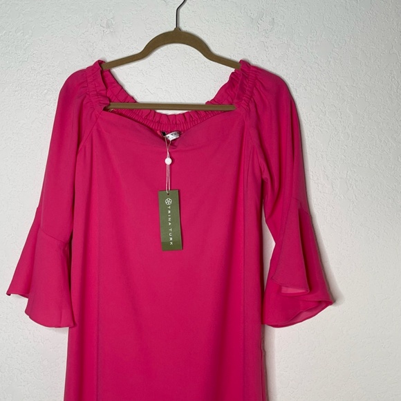 Trina Turk NWT Knox Off Shoulder Dress Flared Sleeve Shift Size M Pink Lined - Picture 3 of 14